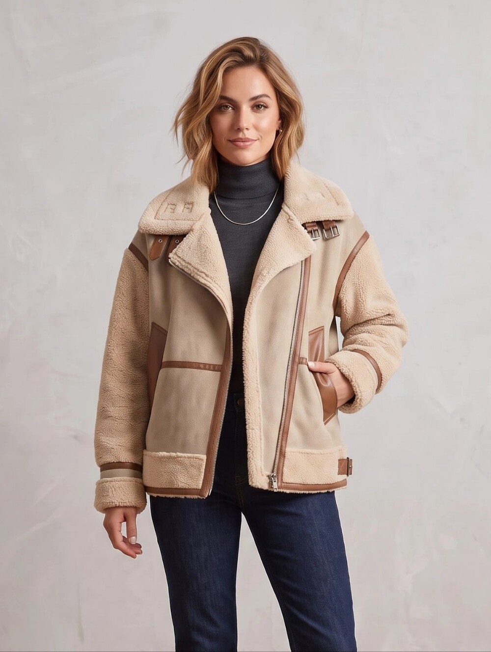 ZARA Contrast Aviator Fur Jacket Khaki Fleece-lined Faux Leather Womens Large